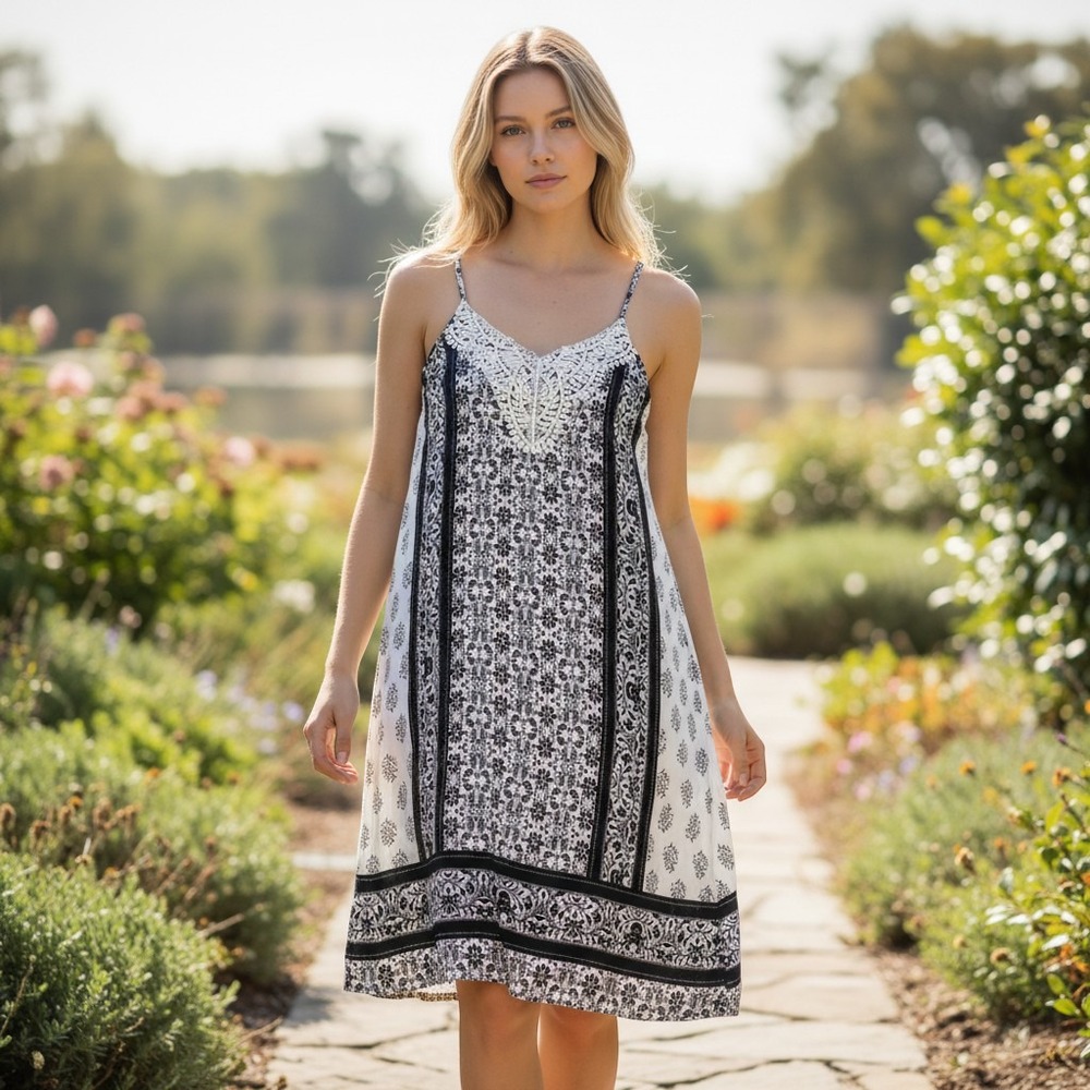 KNOX ROSE Pull-On Ajd Spaghetti Straps 100%Rayon Below Knee BOHO Dress Sz S